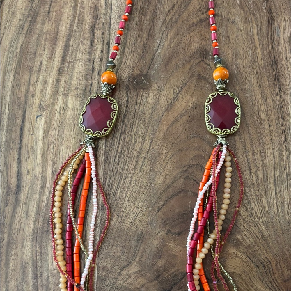 Vintage Boho Multi-Strand Red and Orange Beaded Statement Necklace 35 inches